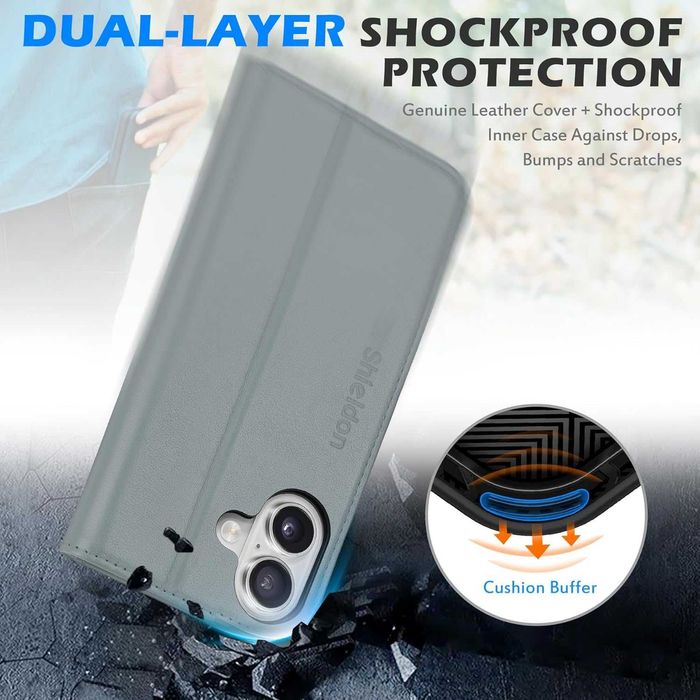 Shieldon naturalne etui skórzane z klapką iPhone 16 portfel RFID szare