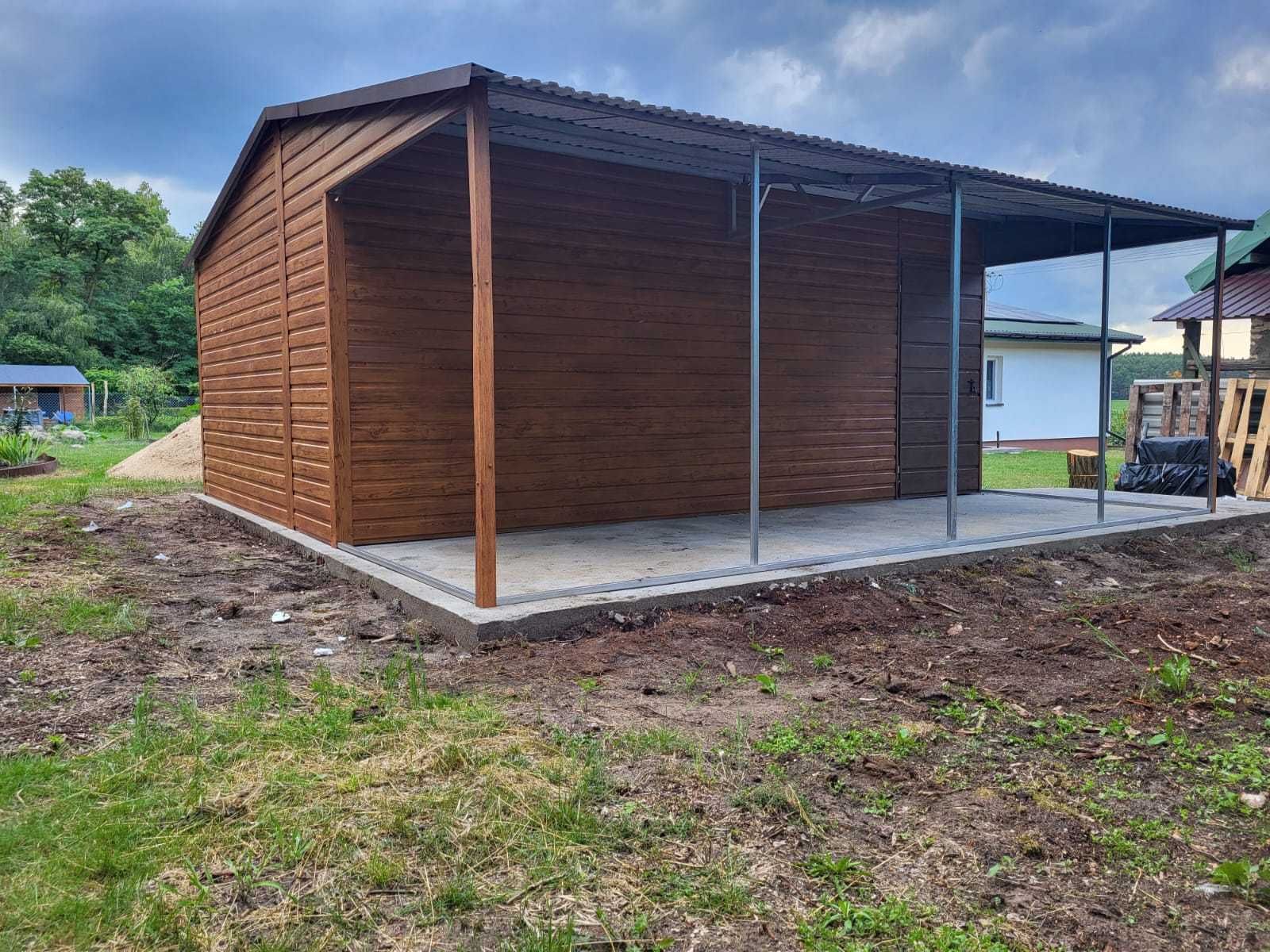 Garaż Blaszany drewnopodobny 4×5 + 2×5 wiata na słupkach PREMIUM