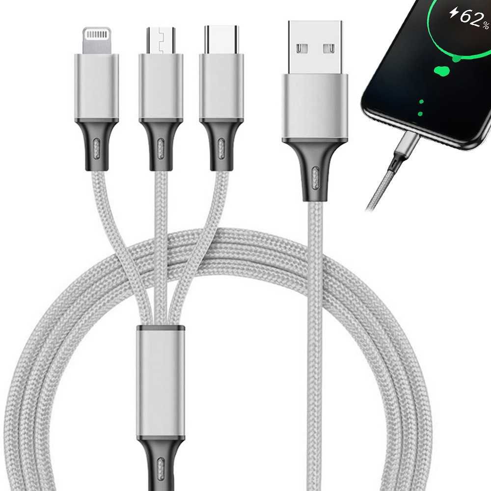 Kabel usb 1,2m do telefonu 3w1 lightning-iPhone micro usb usb-c