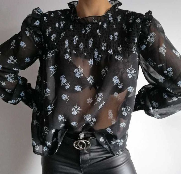 Mgiełka bluzka w kwiaty transparentna prześwitująca xs s m