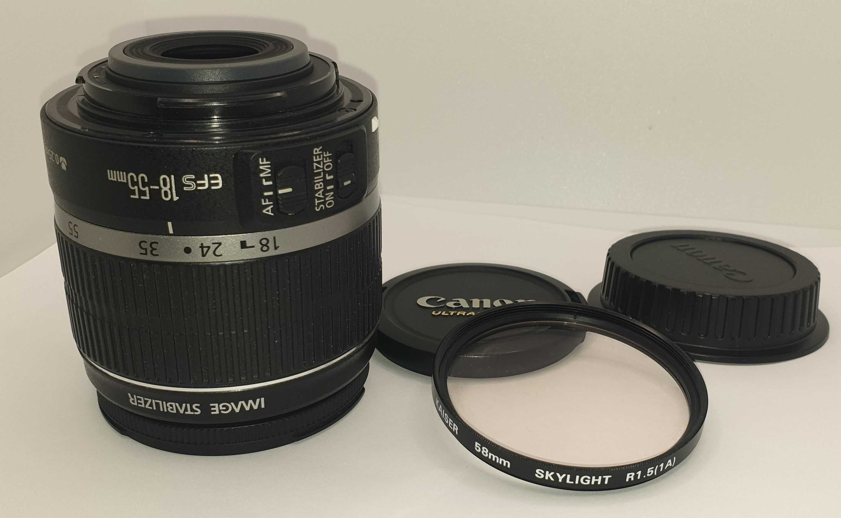Lente Canon EF-S 18-55 com Estabilizador + filtro Skylight + tampas