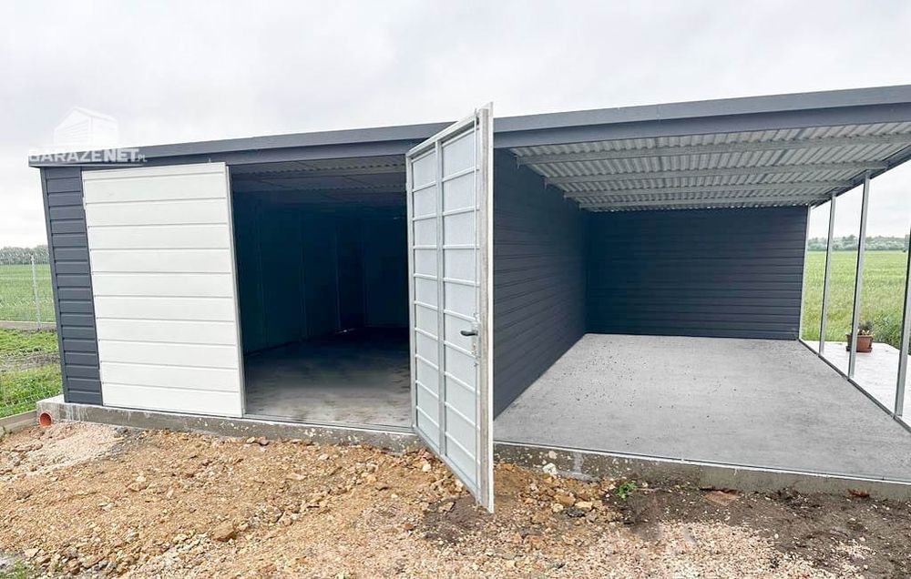 GARAŻ BLASZANY 4m x 6m Wiata 3X6 Brama Antracyt + Biały 4X6 GB285