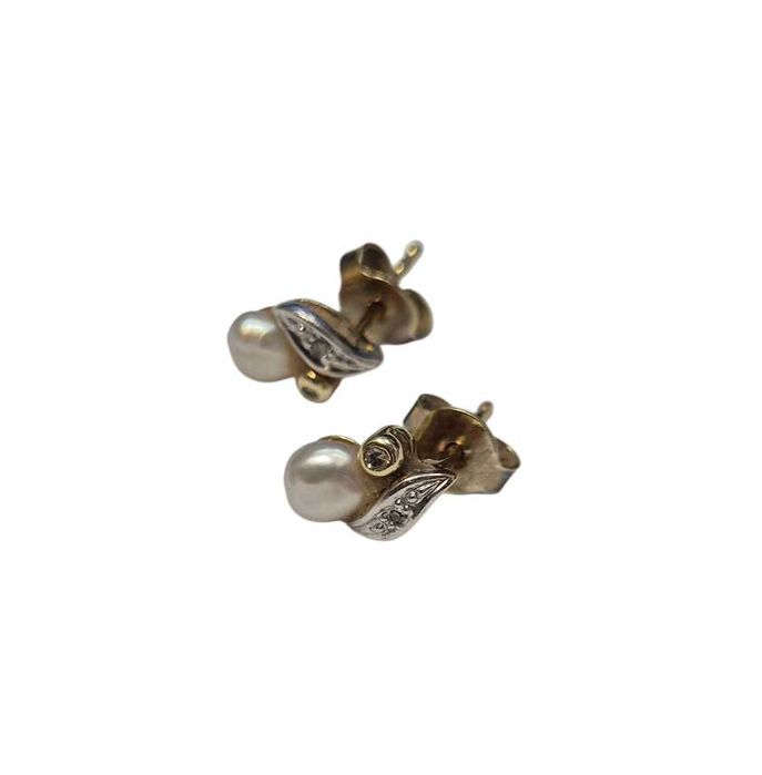 Złote kolczyki z perłami i diamentami - 585 / 1,32g / 9mm Certyfikat