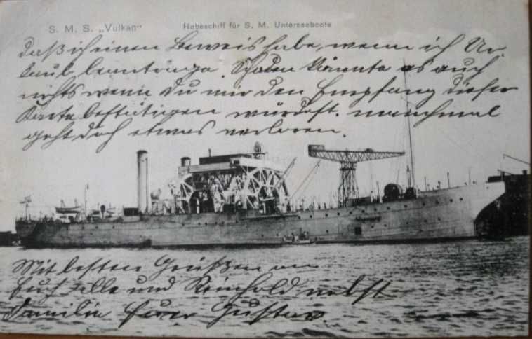 Pocztówka statek dok VULCAN do obsługi U-BOOTE