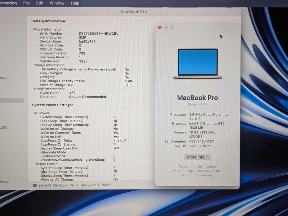 Macbook pro 15 2017 i7 2.8ghz 16/256gb pro 555 2gb