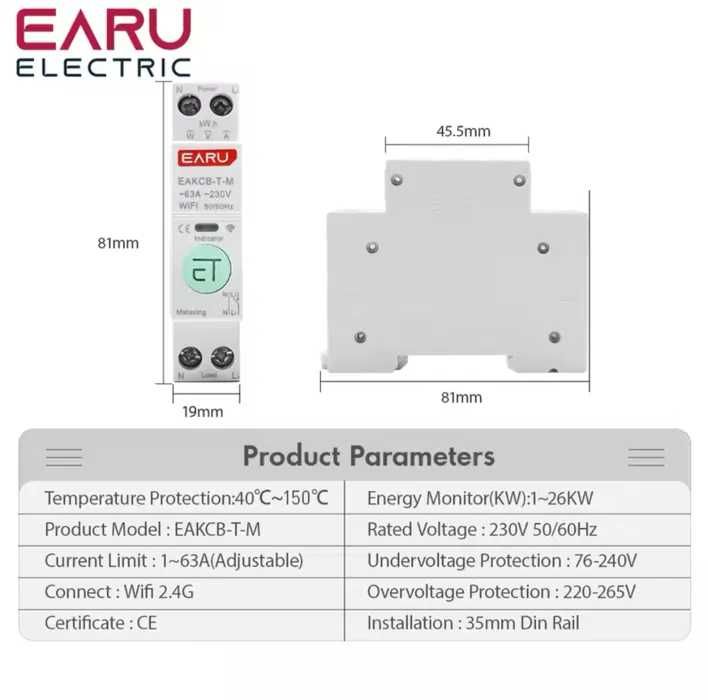 Розумний Wi-Fi Автоматичний Вимикач 1-63A з енергомоніторингом