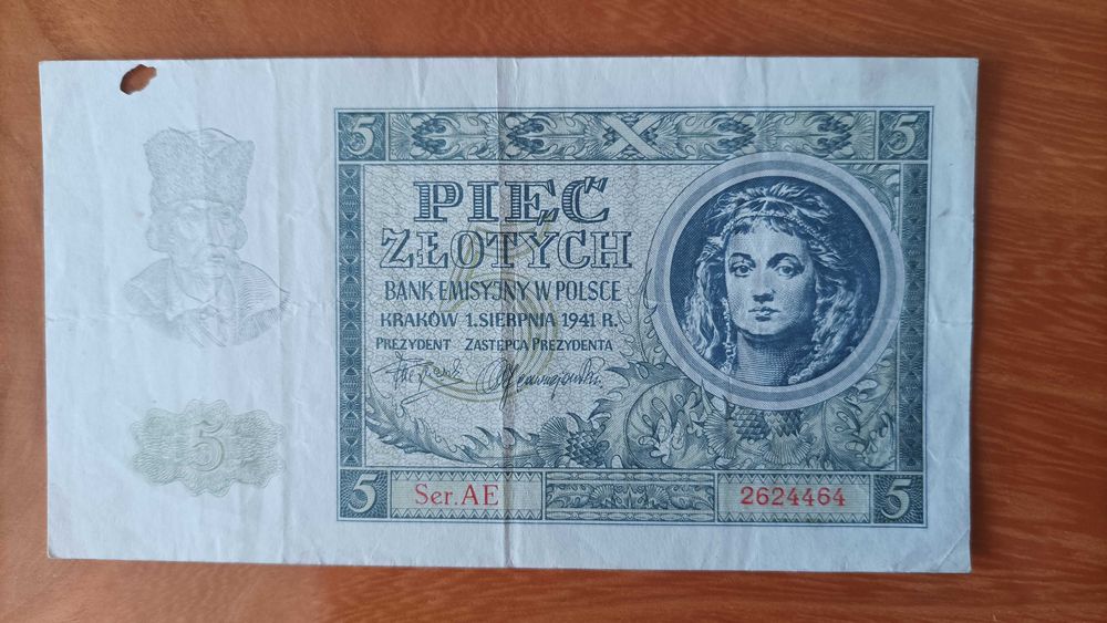 Banknot 5 ZŁ 1941r : seria: AE