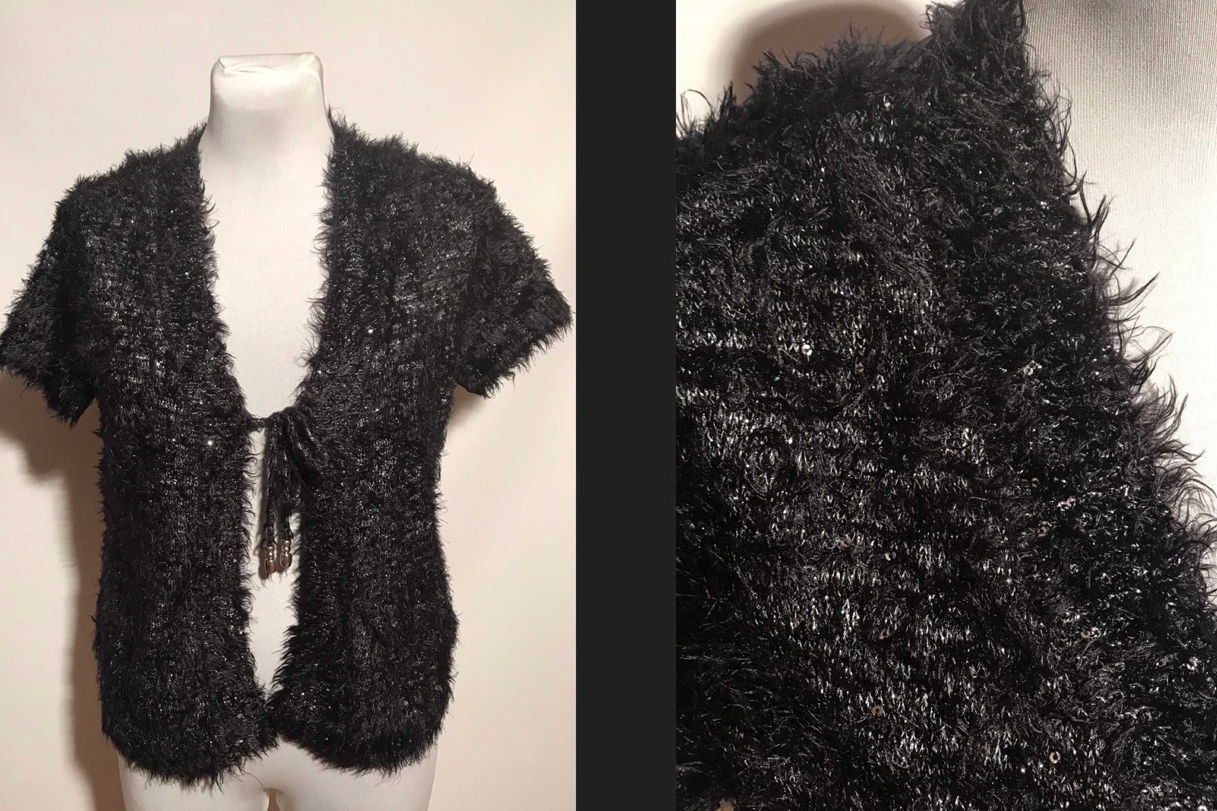 Czarny sweterek wiązany 38 M puszysty ze srebrną nitką C&A