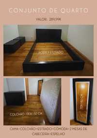 Conjunto de quarto: cama+colchao+estrado+comoda+espelho+cabeceiras