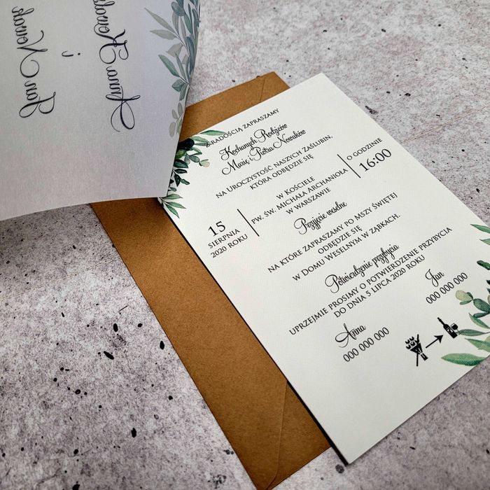 Zaproszenia ślubne Z KALKĄ, zielone liście, eko, rustykalne