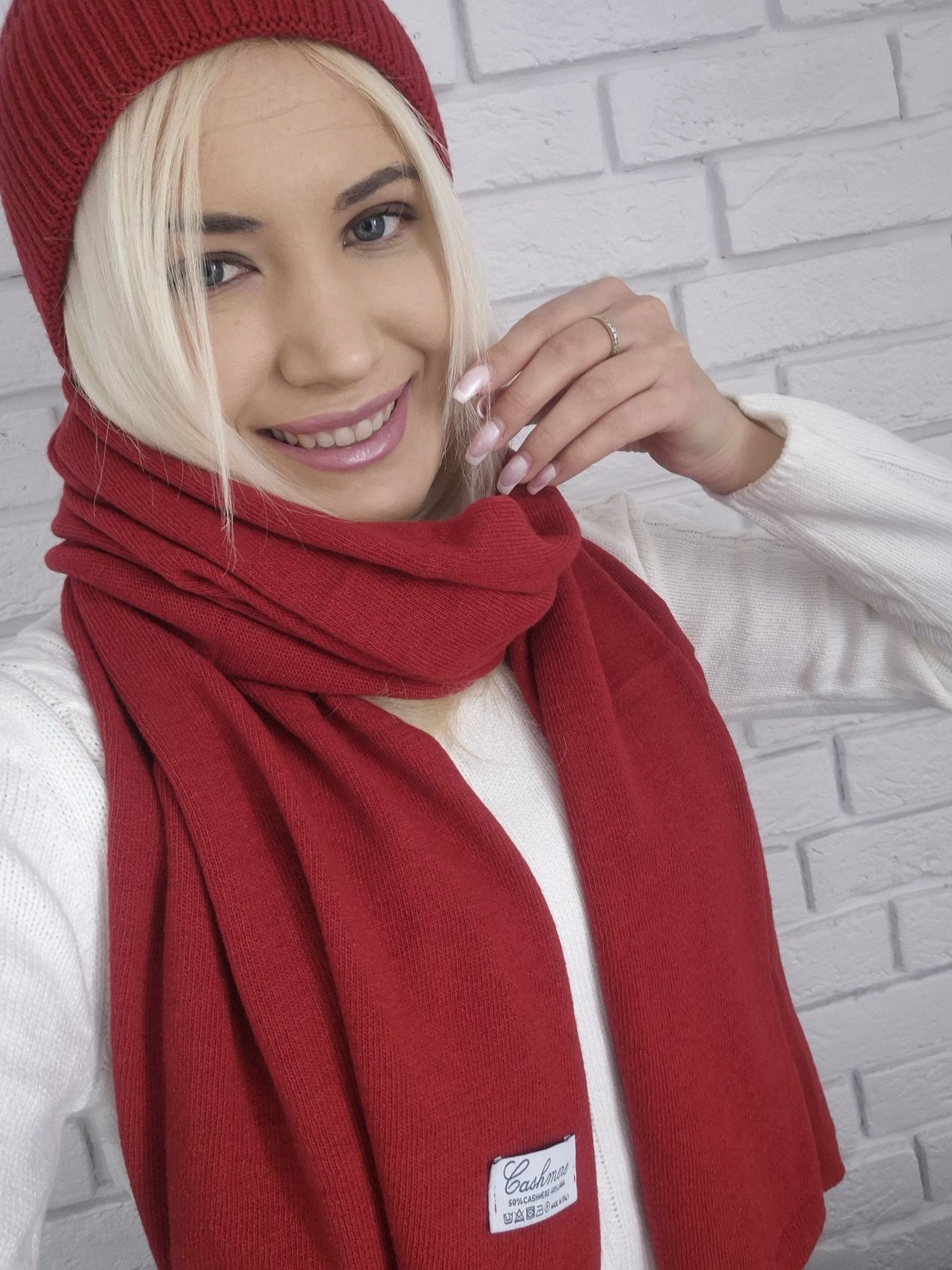 Czerwony komplet kaszmirowy czapka i szalik cashmere