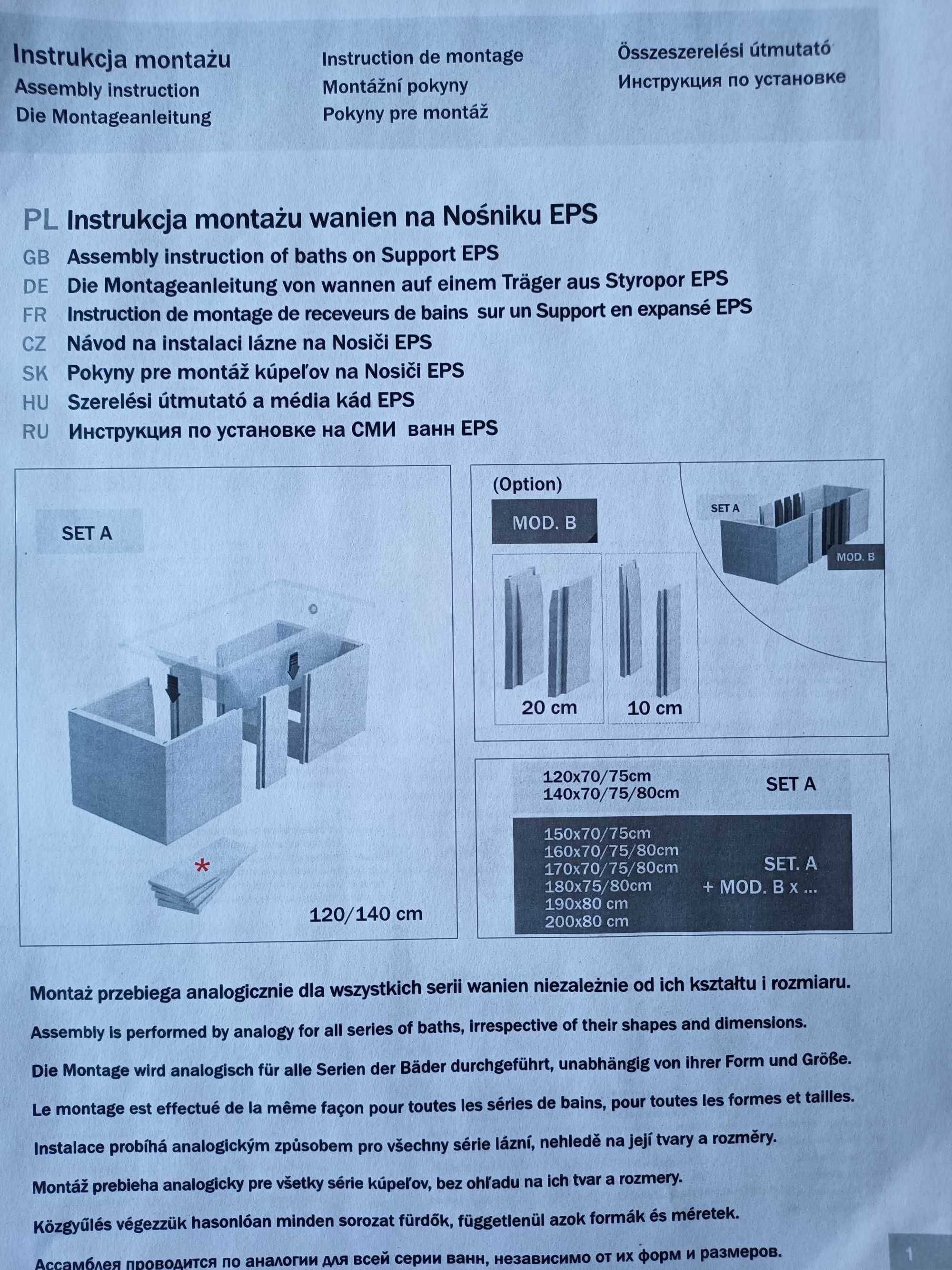 Nośnik uniwersalny do wanien, zabudowa wanny (materiał EPS)