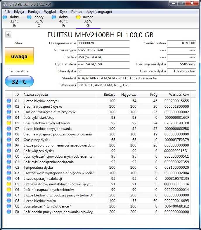 Dysk 100BG Fujitsu MHV2100BH SATA 2,5 cala
