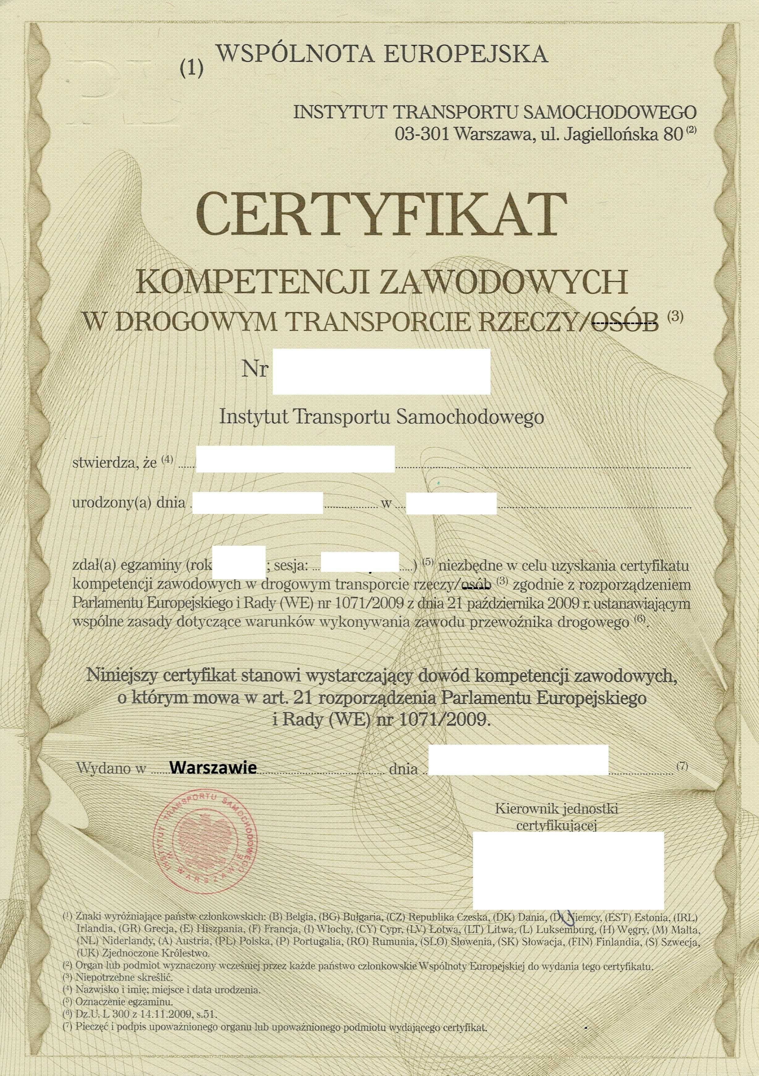 Użyczę Certyfikat Kompetencji Zawodowych Licencja Spedycja