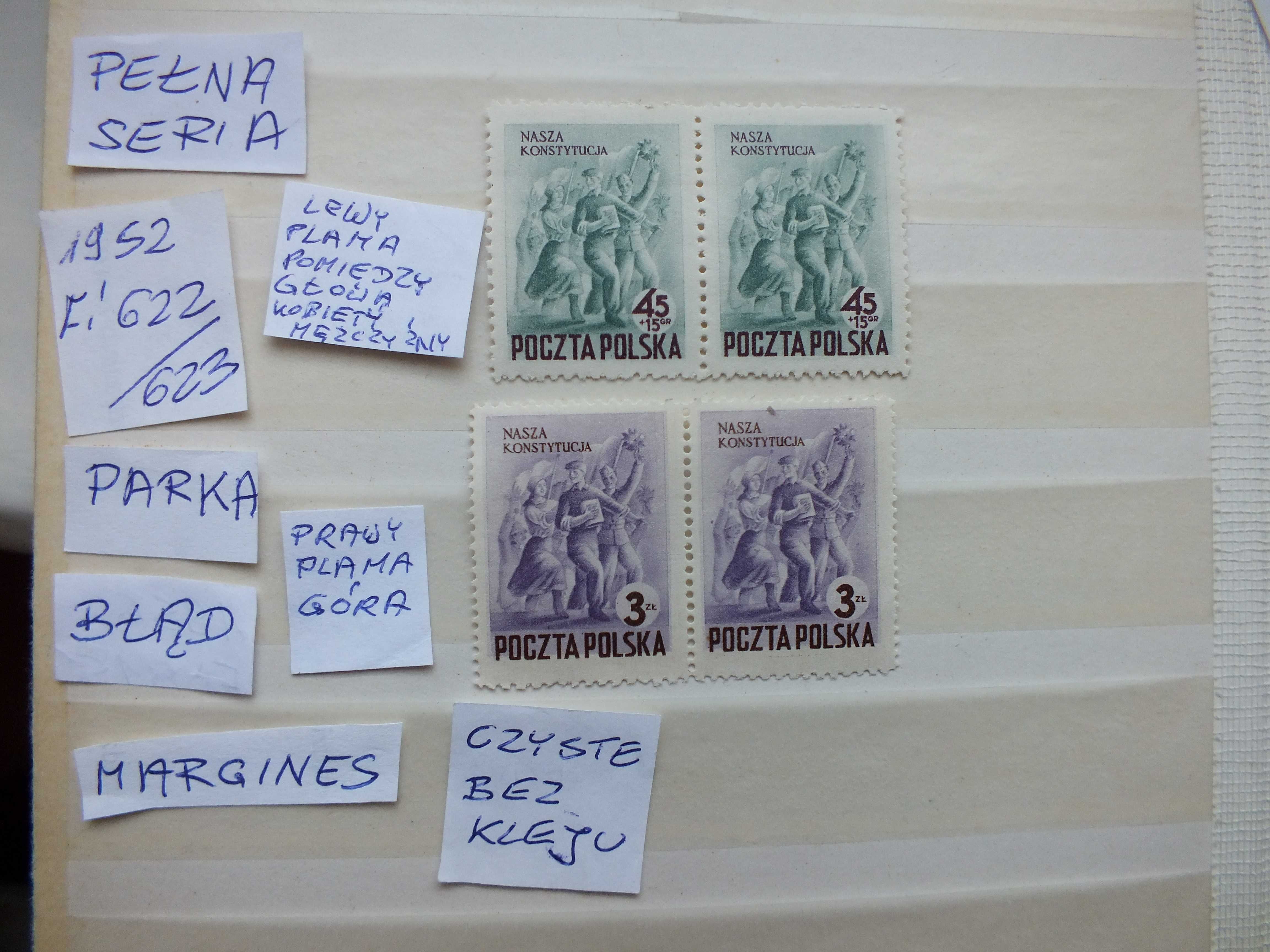 2szt. znaczki seria 2x parka Fi 622/623 BŁĄD Polska 1952r. PRL czyste