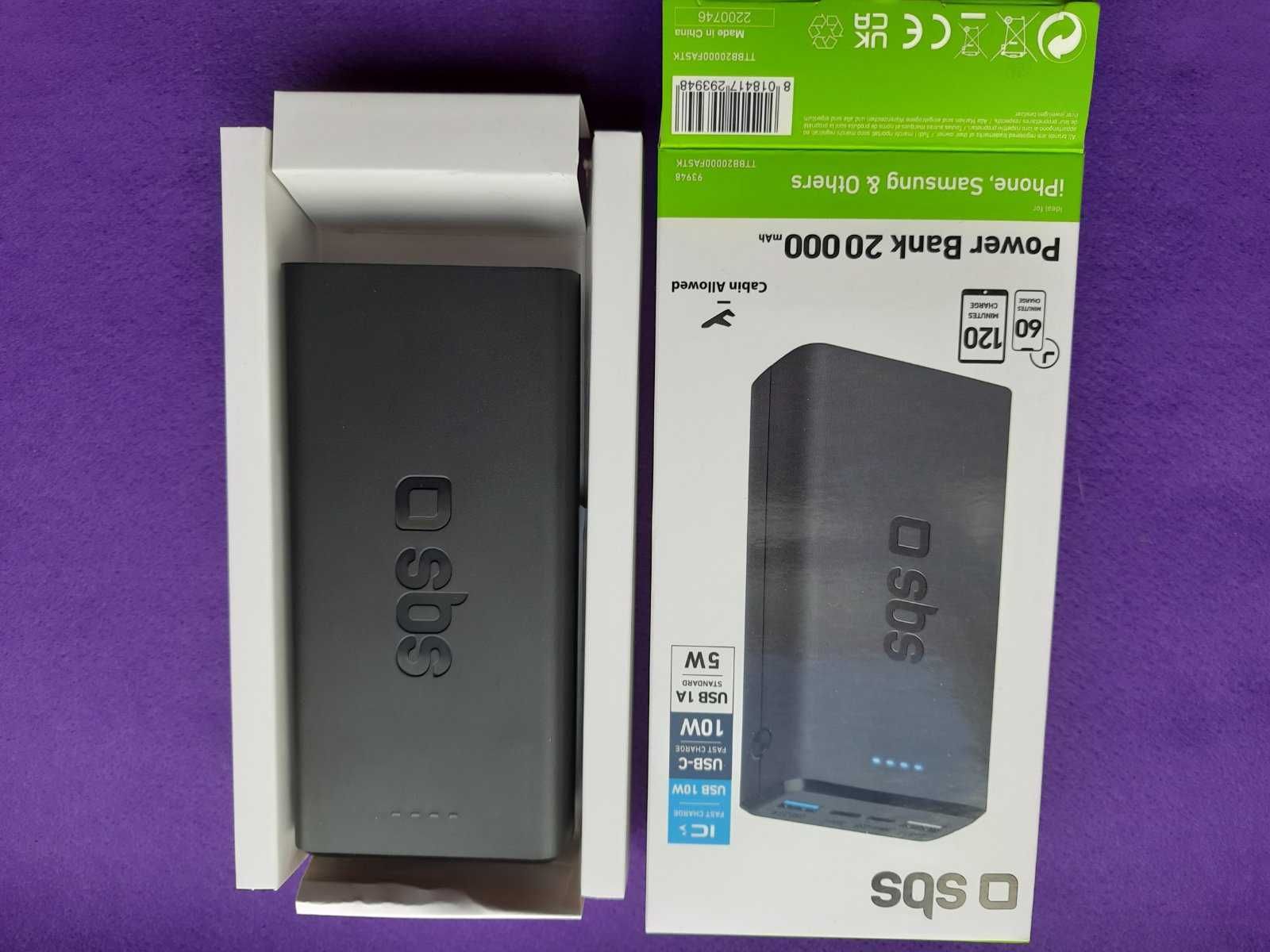 PowerBank SBS 20000mAh,Реальна ємність,Швидка зарядка 10W USB-A,Type-C