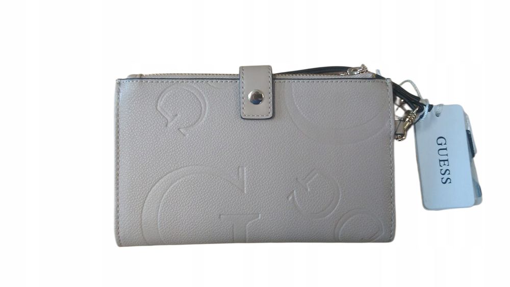 Guess Beżowy Portfel Damski Logowany Arlo Slodouble Zip