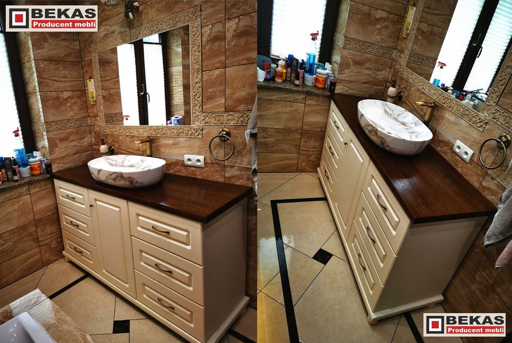 Łazienka KOMODA pod Umywalkę Biała Blat Dąb  Producent BEKAS Meble