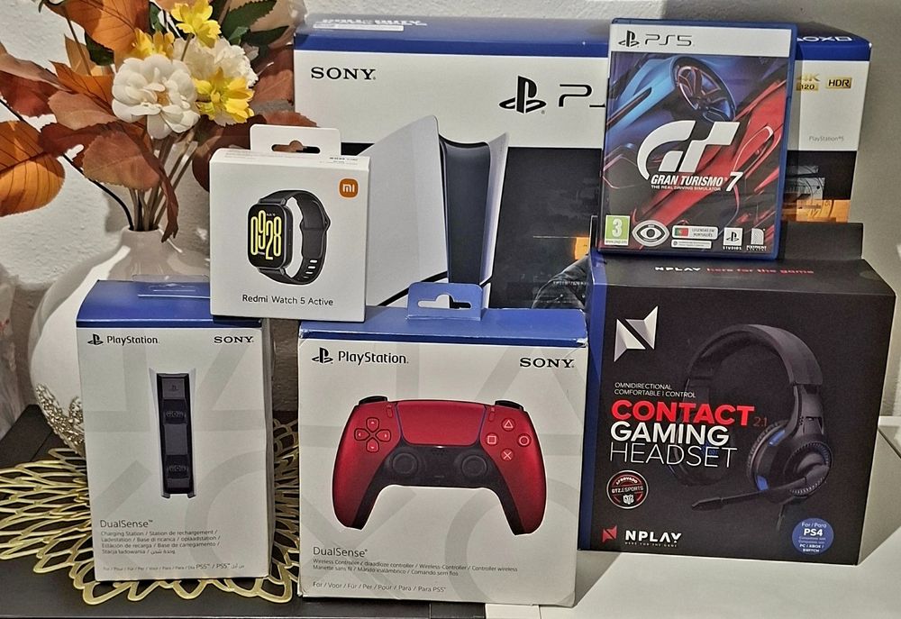 Ps5 slim 1TB leitor+2 comandos+estação+auscultador+GT7+oferta+garantia