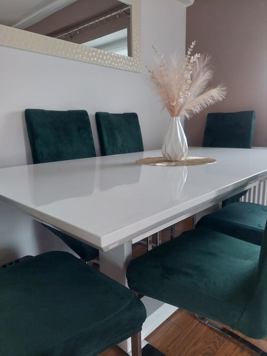 Stół biały połysk Agata meble 90x 160/220 +6 krzeseł
