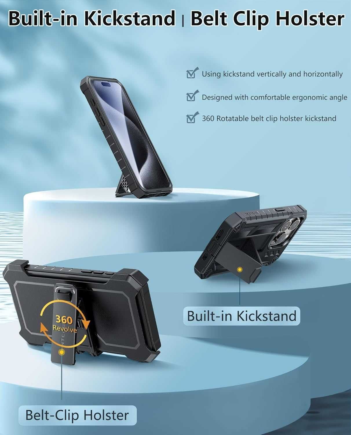 FNTCASE pancerne etui 360 do iPhone 15 Pro 1x szkło na obiektyw stojak
