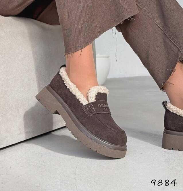 Утеплені лофери коричневі, натур. замша, зимние лоферы зима 36-41р