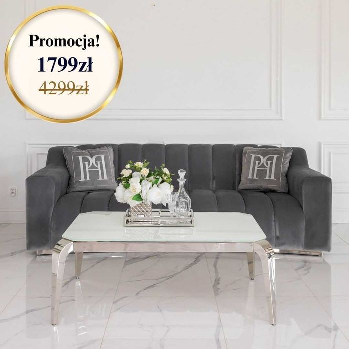 STOLIK KAWOWY GLAMOUR ELITE 110x70 Srebrny Ława Stal Szkło Salon NOWY