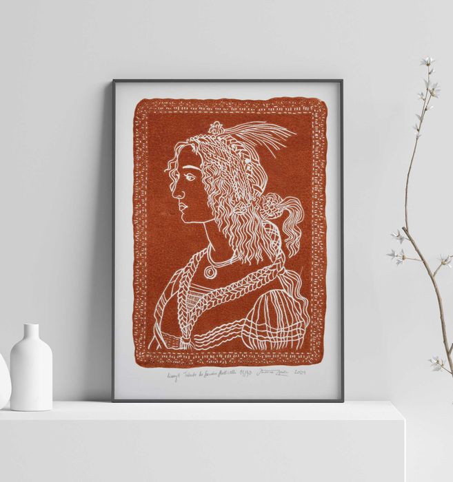 Grafika linoryt ręcznie tworzona dekoracja ścienna kobieta Botticelli