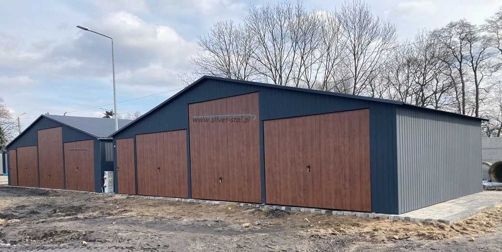 Garaż blaszany 11x6m z bramą uchylną i wiatką - Silverstal Garaże