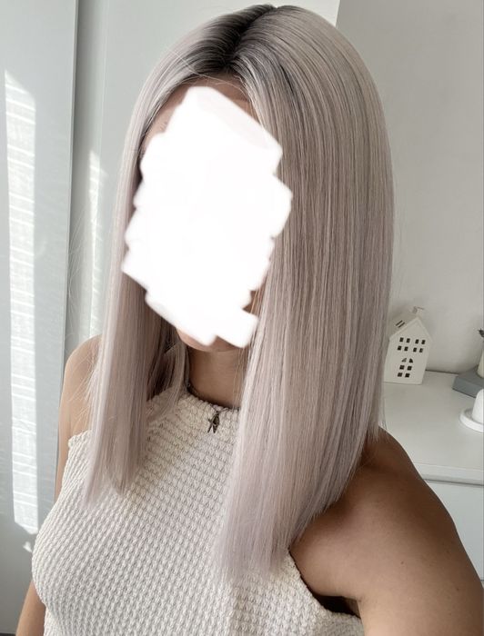 Peruka szara lace front prosta long bob