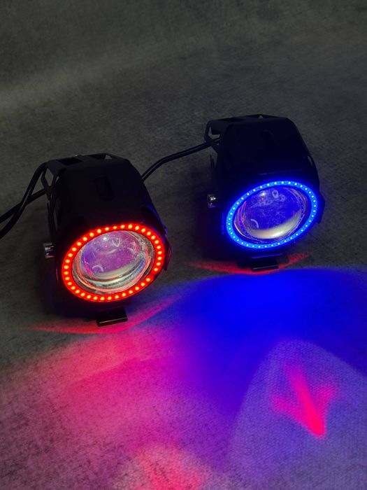 Фара U7 на світодіодах з червоною і синьою підствіткою/ Ангельське око