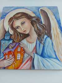 Anioł ręcznie malowany na desce opiekun domu