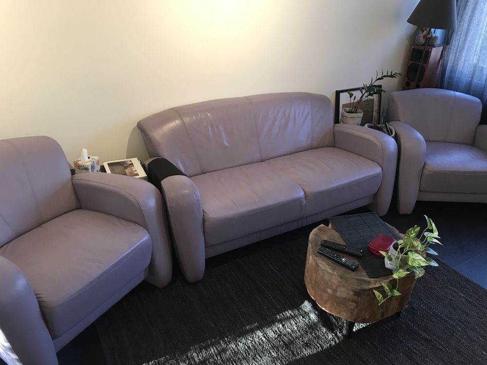 Sofa skórzana+2fotele firmy kler wypoczynek wrzos fiolet komplet skóra