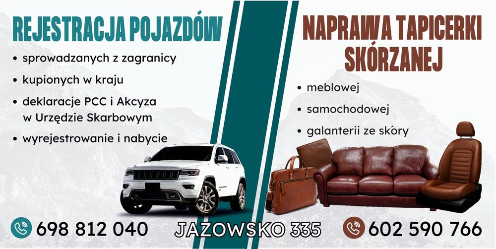 Rejestracja pojazdów, naprawa tapicerk i  galanteri  skórzanej