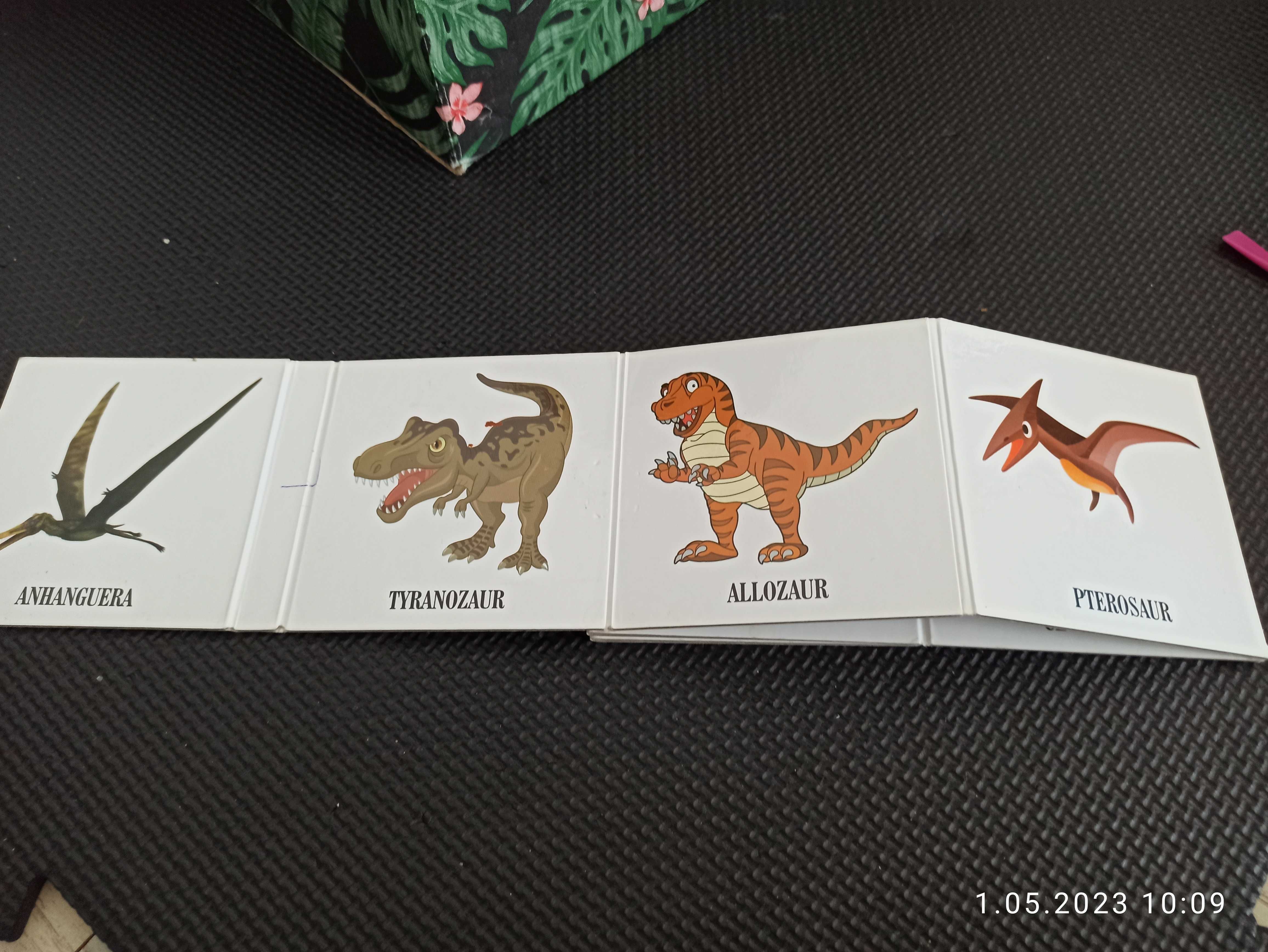 Figurki dinozaurów i książeczka z nazwami dinozaurów
