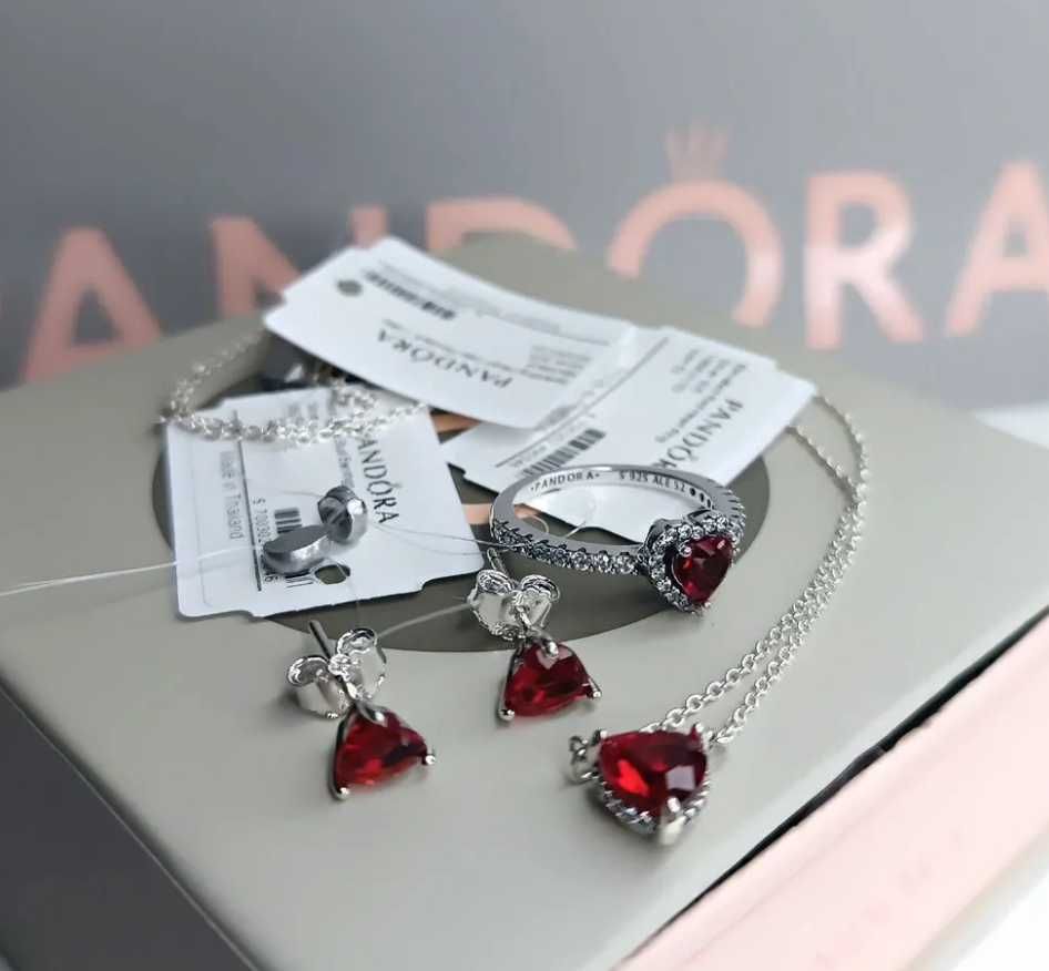 Комплект Pandora Червоне серце — кільце і цепочка срібло 925 проби