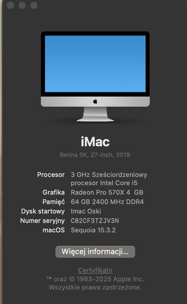Imac Retina 5K, 27-inch, 2019r. I5/Readon Pro 570X/64GB DDR4