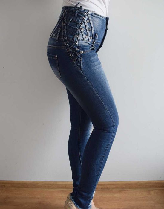 Denim orginal spodnie jeansy wysoki stan super high waist wiązane 38 m