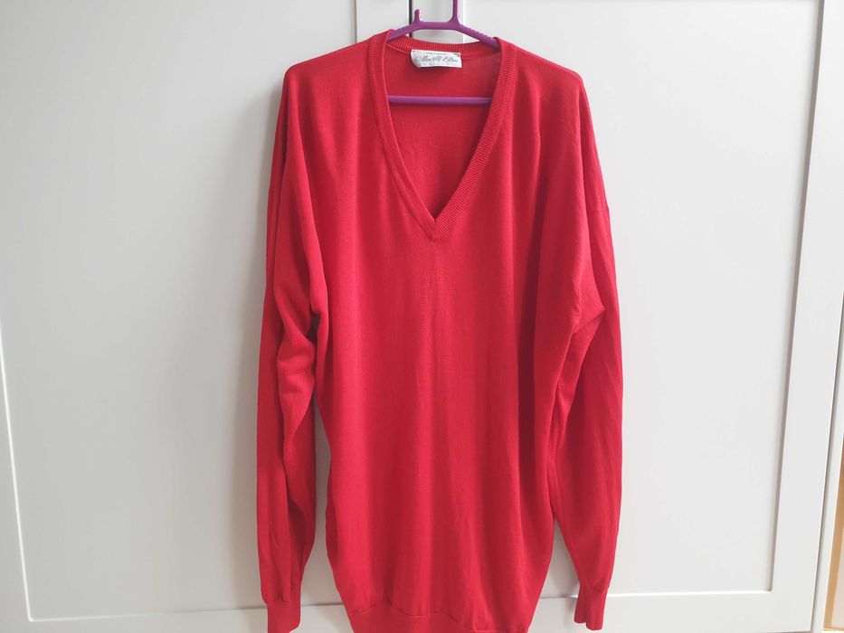 Czerwony wełniany sweter męski w serek 100% wełna XL 2XL Mac Elton