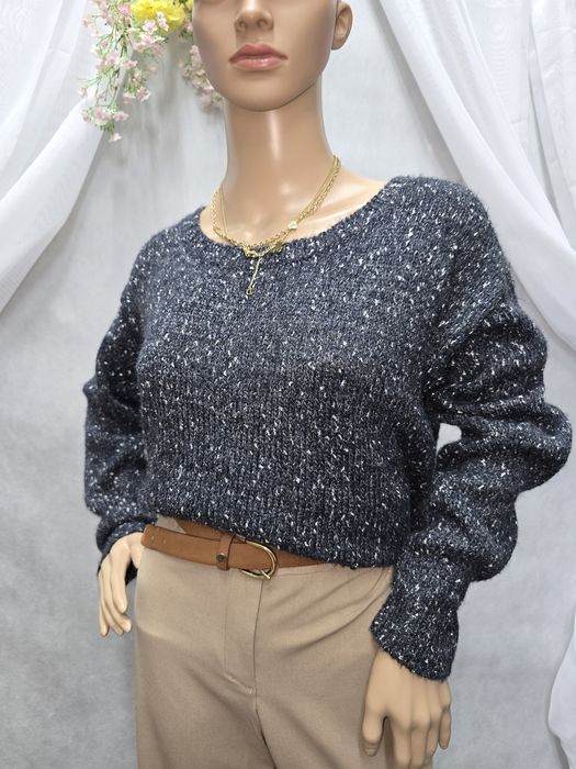 Krótki sweter ciemny  granatowy ze srebrną nitką oversize L Guess