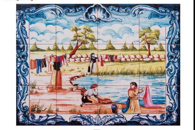 Painéis de Azulejos Lavadeiras Roupa Quadro Tradicional Típico a cores
