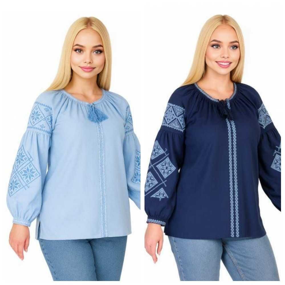 Жіноча блакитна лляна вишиванка, розміри S, M, L, XL, 2XL, 3XL