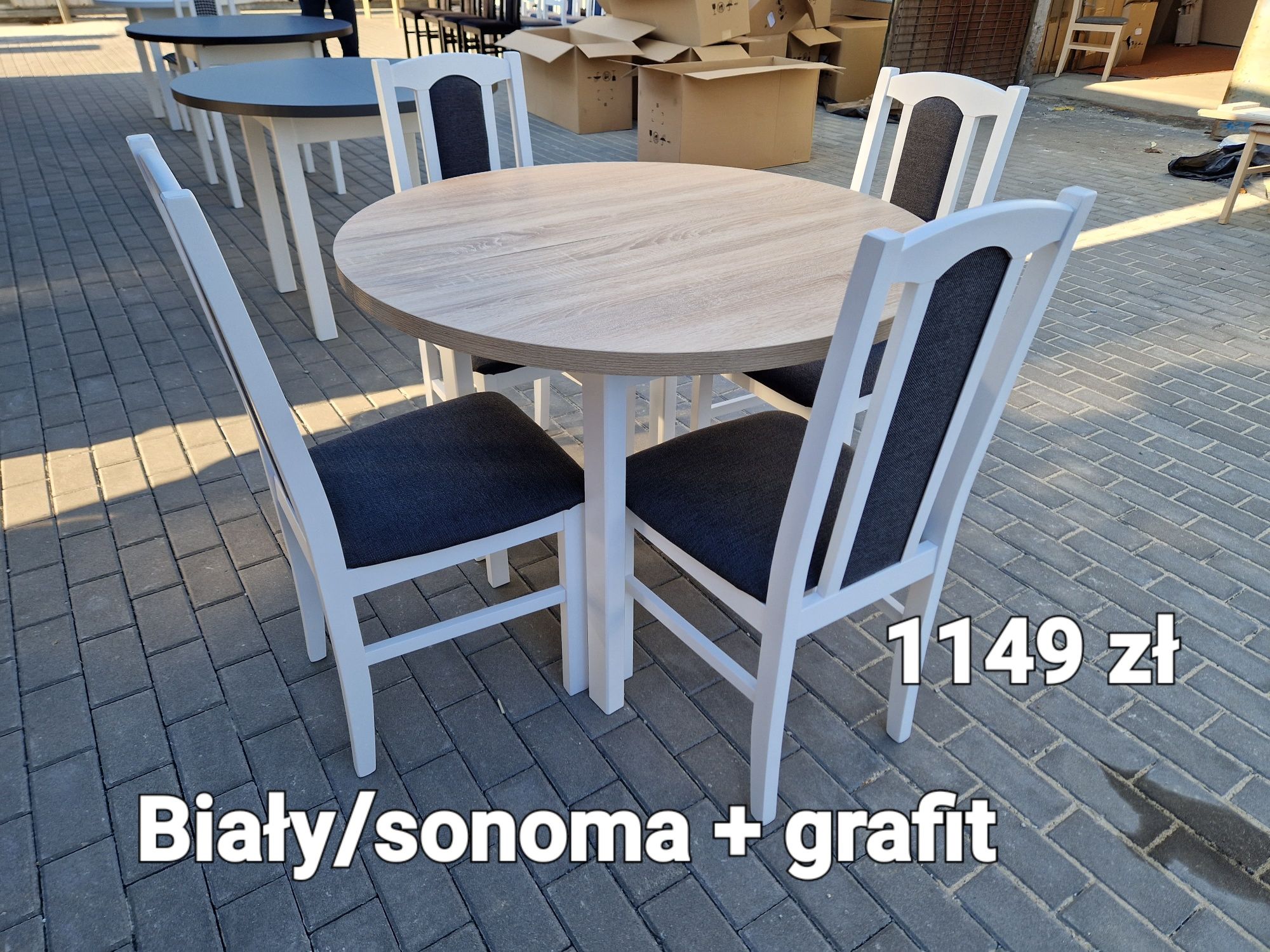 Nowe: Stół okrągły + 4 krzesła, biały/sonoma + grafit, dostawa PL