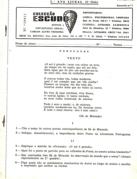 Colecção Escudo 3 Conjuntos de exercícios de Português para o liceu