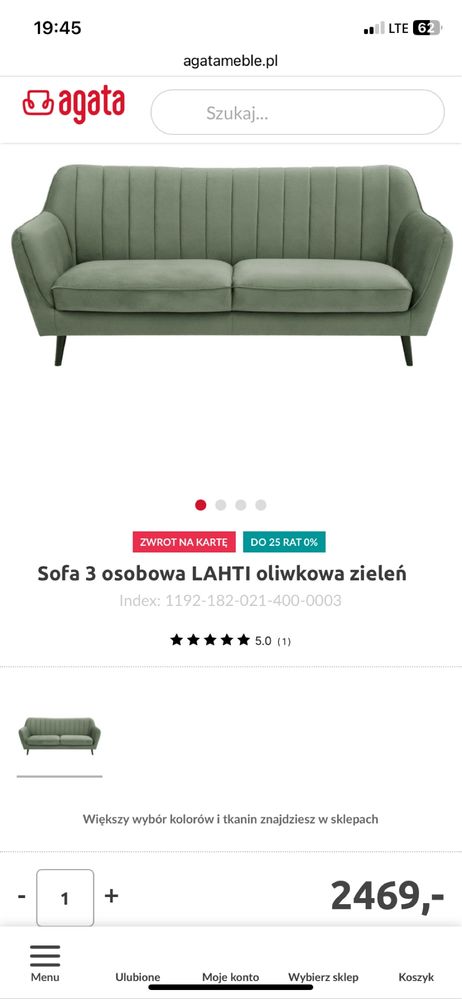 Sofa oliwkowa Agata meble lahti zielona