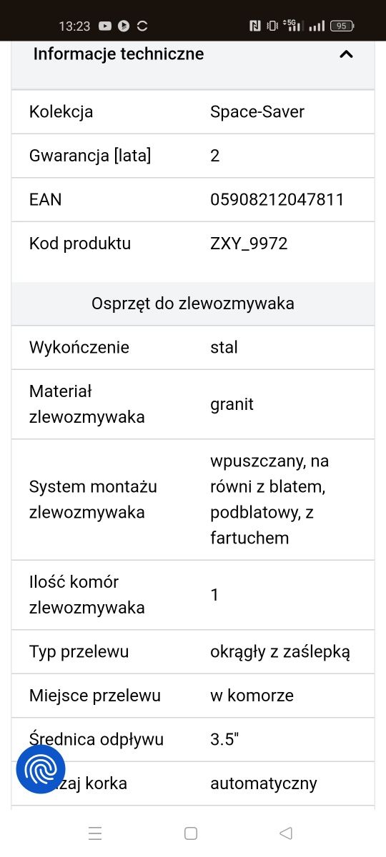 Syfon do zlewozmywaka granitowego 1-komorowego - Space-Saver Deante