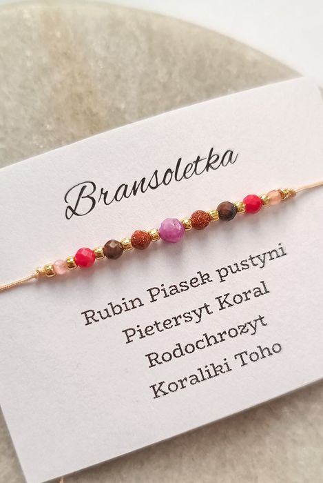 Delikatna bransoletka kamienie naturalne rubin piasek pustyni koral