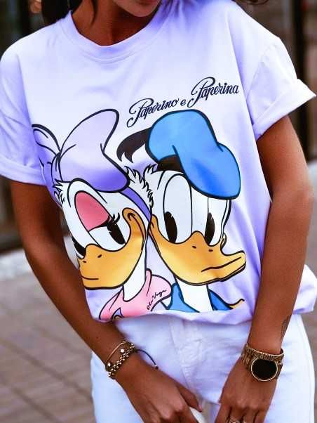 O'la Voga liliowy t-shirt duży nadruk kaczor donald