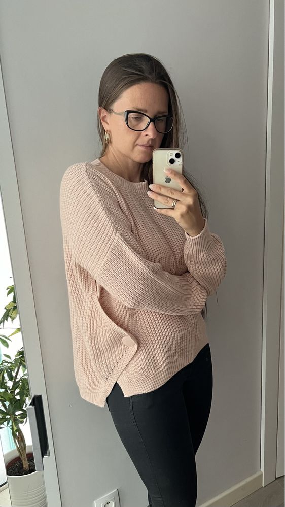 Różowy sweter robin z guzikami gruby splot S