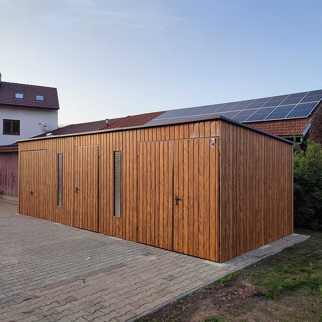 Blaszany garaż 8×3 m Drzwi Okno – złoty dąb jasny